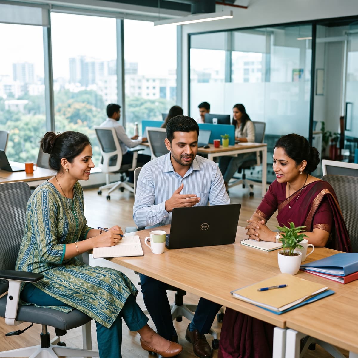 Portronics team members collaborating around a laptop in a modern office