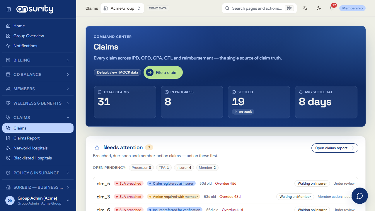 TeamSure claims command centre with total, pending and settled claims
