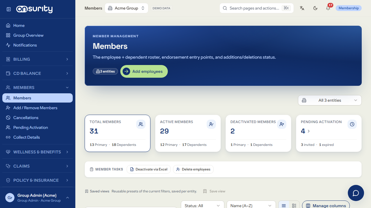 TeamSure members roster showing employees and dependants with coverage and status